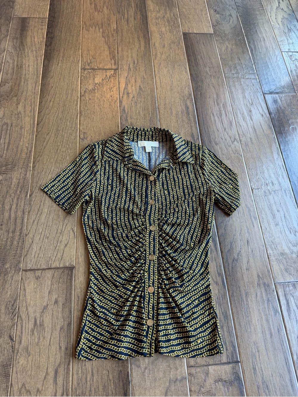 Michael Kors Navy and Gold Patterned Short Sleeve Button Down Top